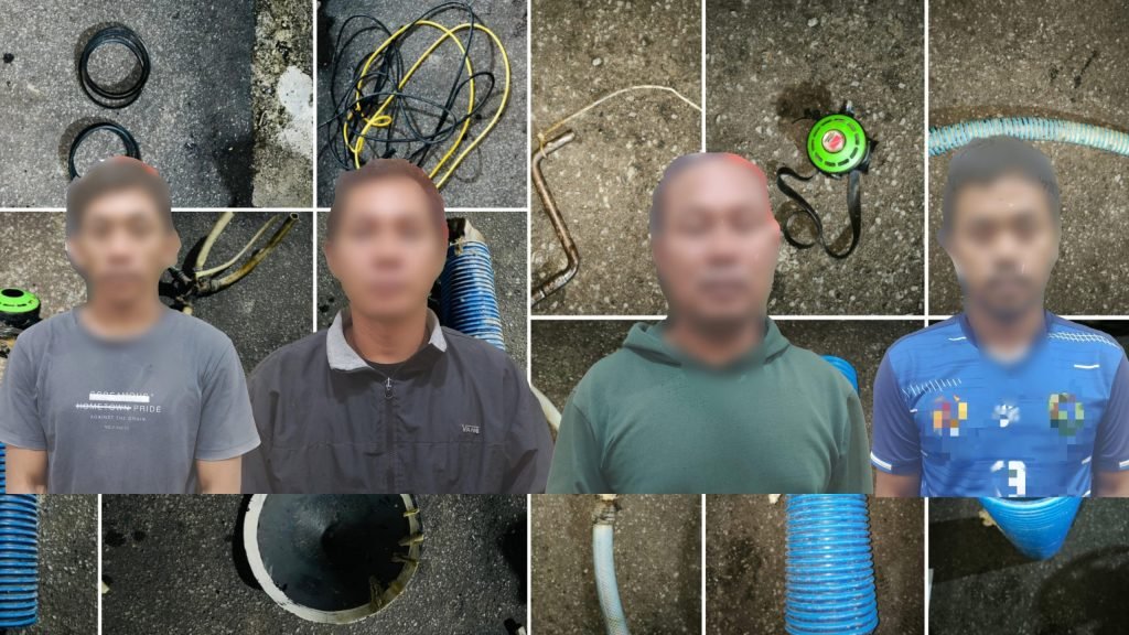 Para pelaku PETI di aliran Sungai Sekadau saat diamankan oleh Satreskrim Polres Sekadau beserta barang bukti berupa peralatan untuk menambang. (Dok. Ist)