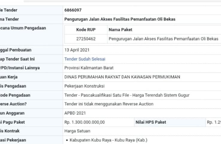 data pengadaan, proyek itu dimenangkan dan dikontrakkan kepada CV JJA dengan nilai kontrak 1.25 Milyar Rupiah