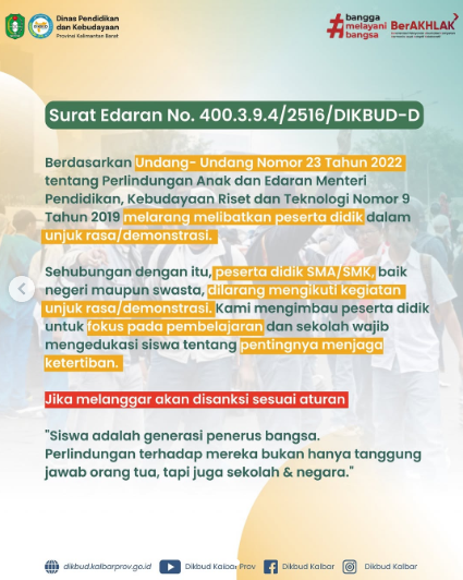 Postingan di Instagram resmi Dinas Pendidikan dan Kebudayaan Provinsi Kalimantan Barat mengenai Surat Edaran Nomor 400.3.9.4/2516/DIKBUD-D. (Dok. Instagram/@dikbudkalbar)