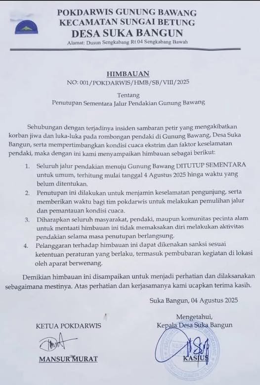 Surat himbauan resmi dari POKDARWIS Gunung Bawang terkait penutupan sementara jalur pendakian akibat insiden sambaran petir dan kondisi cuaca ekstrem, tertanggal 4 Agustus 2025.
