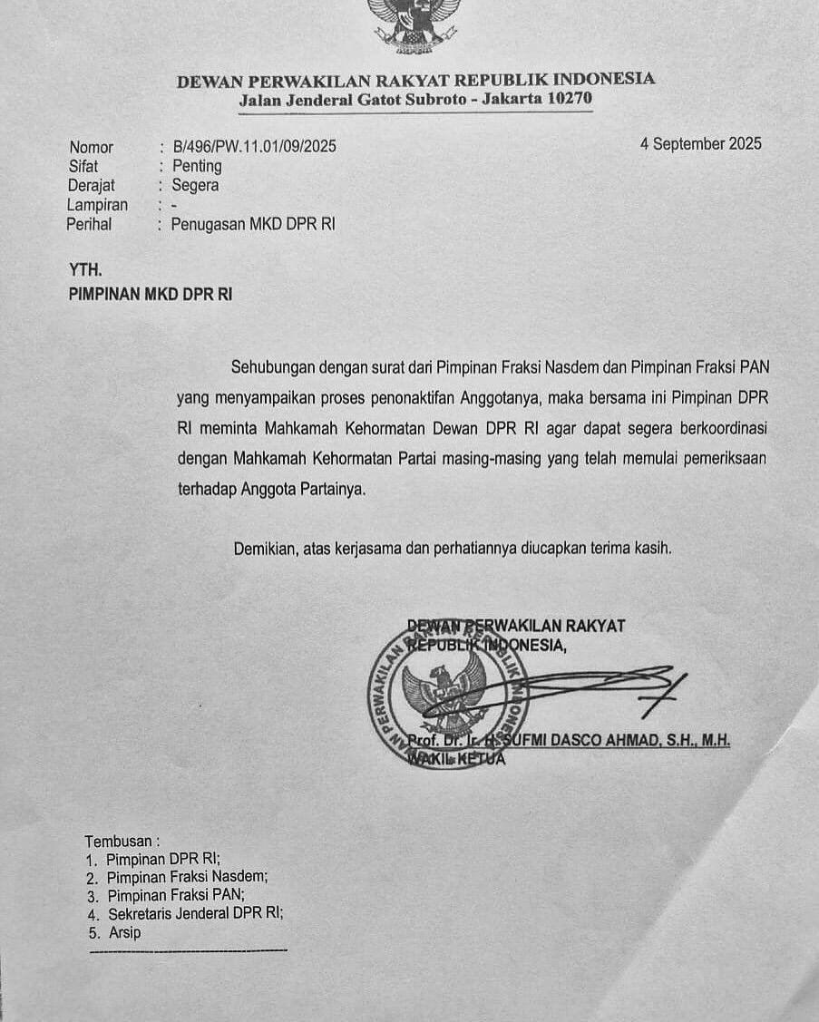 Aurat resmi DPR RI penugasan MKD tentang penonaktifan anggota DPR