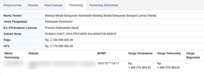 "Tabel pemenang tender proyek Belanja Modal Bangunan Kesehatan–Pengadaan Bangunan Gedung Layanan Anak dengan Kebutuhan Khusus. (Dok. LPSE)"