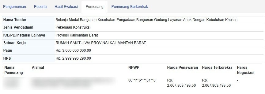 "Tabel pemenang tender proyek Belanja Modal Bangunan Kesehatan–Pengadaan Bangunan Gedung Layanan Anak dengan Kebutuhan Khusus. (Dok. LPSE)"