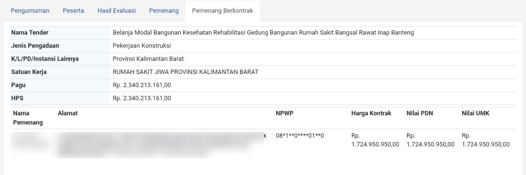 "CV. Mitra Utama Abadi memenangkan dua proyek rehabilitasi: Bangsal Rawat Inap Banteng (kontrak Rp1,72 miliar) dan Bangsal Rawat Inap Enggang (kontrak Rp1,73 miliar), dengan nilai jauh di bawah HPS. (Dok. LPSE)