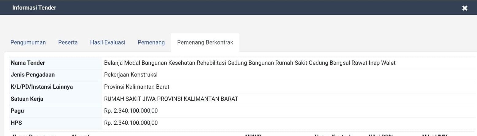 "CV. Permata Sejahtera juga memenangkan proyek rehabilitasi Bangsal Rawat Inap Walet dengan kontrak Rp1,73 miliar, juga jauh di bawah HPS. (Dok. LPSE)"