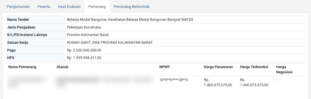 "Tabel rincian tender Belanja Modal Bangunan Kesehatan–Belanja Modal Bangunan Bangsal NAPZA. (Dok. LPSE)"