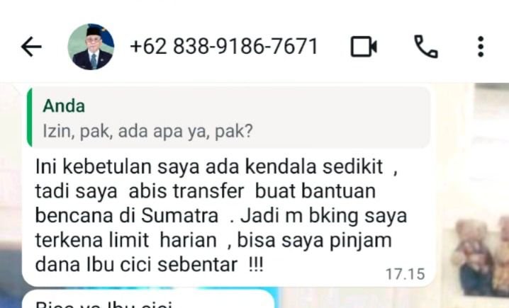 Tangkapan layar dari pesan WhatsApp yang beredar dengan modus penipuan mencatut nama Sekda Kota Pontianak Amirullah.