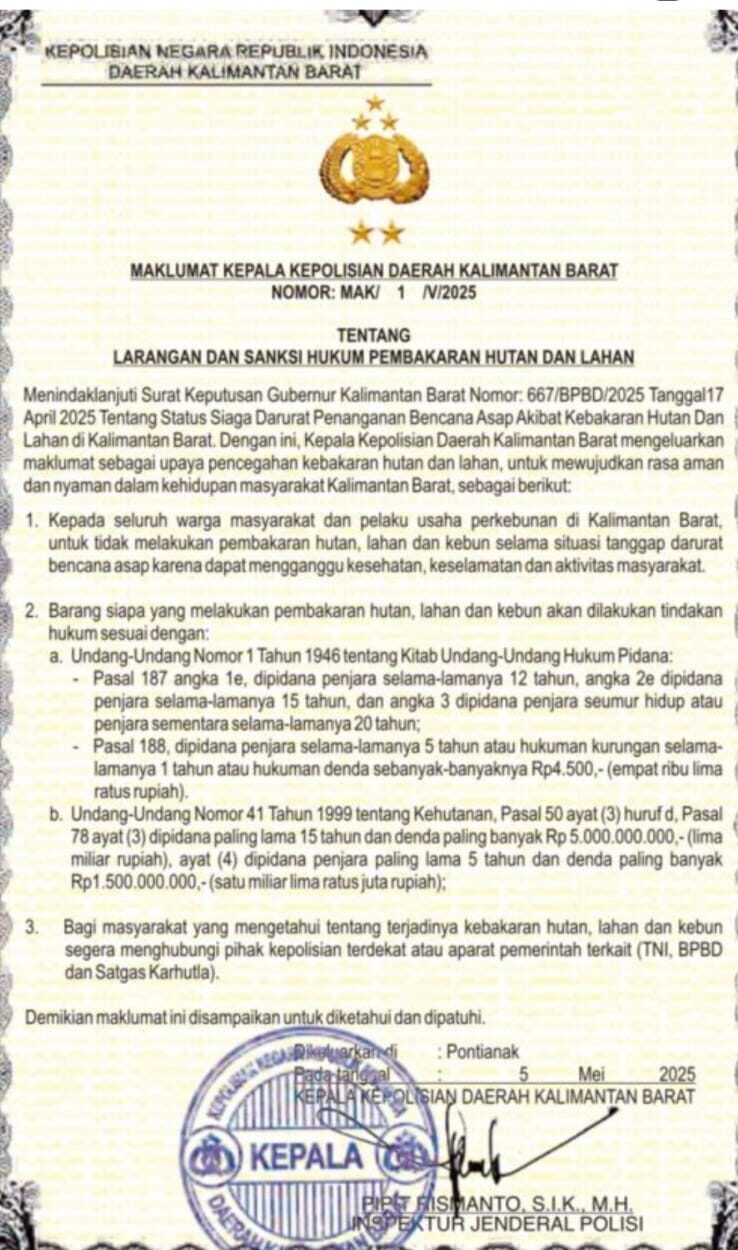 olda Kalbar ancam pidanakan pelaku pembakaran lahan dan korporasi sawit. Sanksi 15 tahun penjara menanti demi cegah bencana kabut asap.