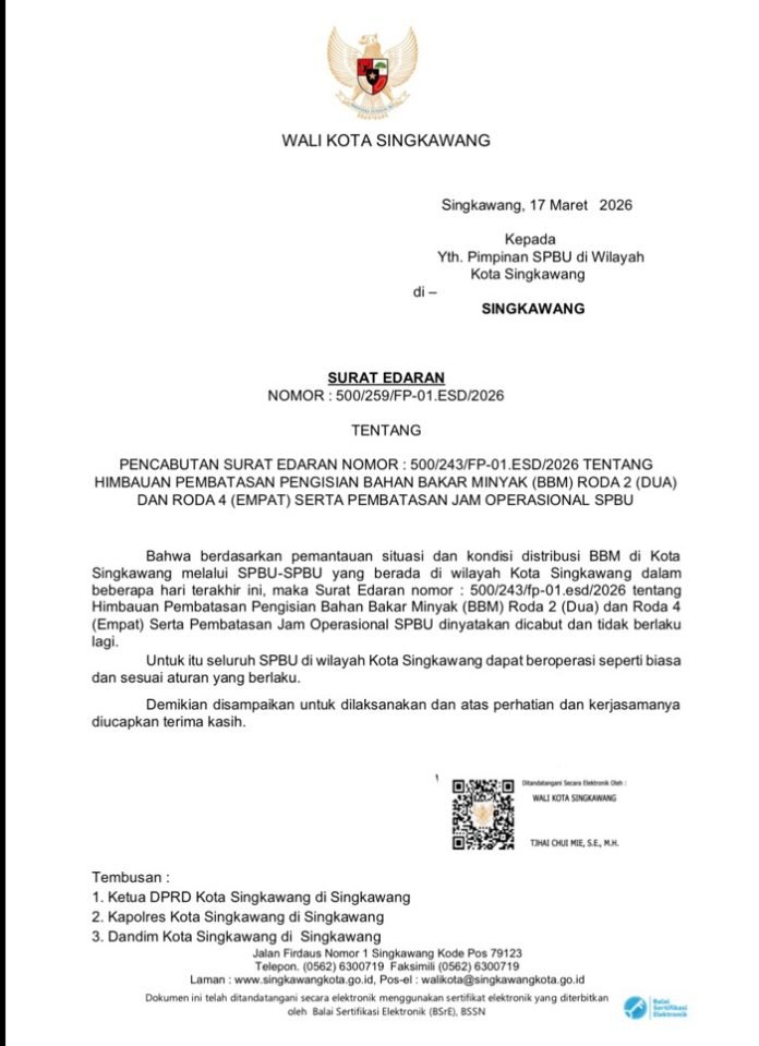 Surat edaran terkait pembatasan pengisian BBM di Singkawang. (Dok. Diskominfo Singkawang)