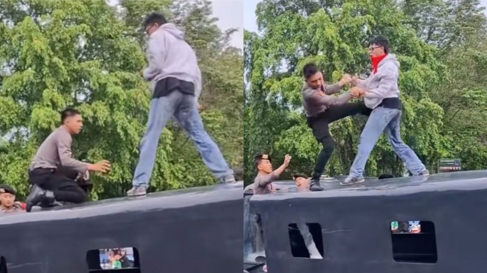 Viral! Demonstran di Manado Duel 1 vs 1 di Atas Mobil Polisi