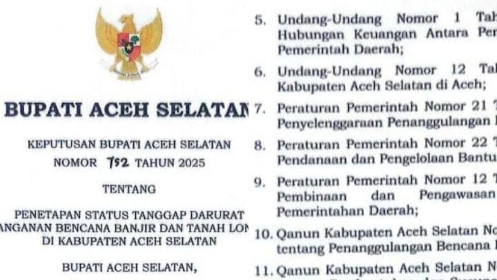 Dikepung Banjir dan Longsor, Aceh Selatan Resmi Tetapkan Status Tanggap Darurat 14 Hari
