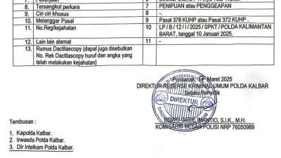 DPO - Potongan surat Direskrimum Polda Kalbar yang menjelaskan soal DPO Drg HW terkait kasus penipuan atau penggelapan, kemarin.