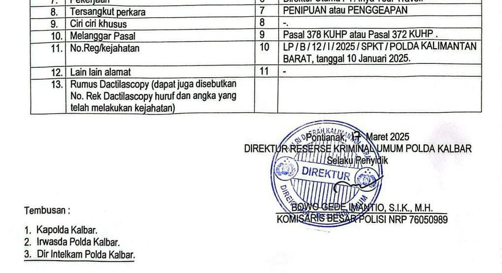 DPO - Potongan surat Direskrimum Polda Kalbar yang menjelaskan soal DPO Drg HW terkait kasus penipuan atau penggelapan, kemarin.