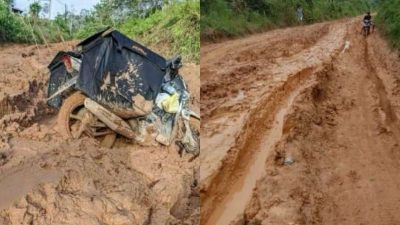 Sebuah motor gerobak terjebak di jalan berlumpur akibat kerusakan parah di ruas jalan penghubung Kecamatan Sepauk, Kabupaten Sintang.