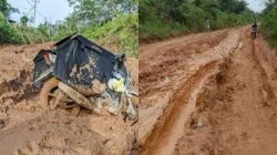 Sebuah motor gerobak terjebak di jalan berlumpur akibat kerusakan parah di ruas jalan penghubung Kecamatan Sepauk, Kabupaten Sintang.