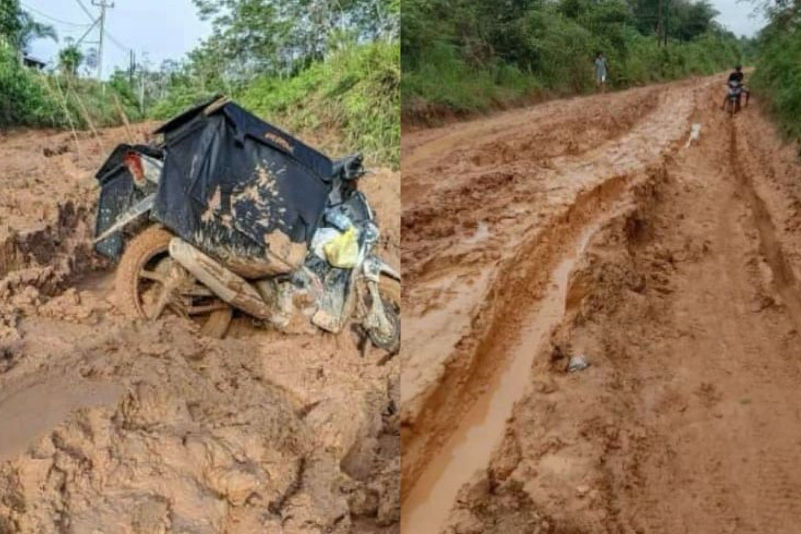 Sebuah motor gerobak terjebak di jalan berlumpur akibat kerusakan parah di ruas jalan penghubung Kecamatan Sepauk, Kabupaten Sintang.