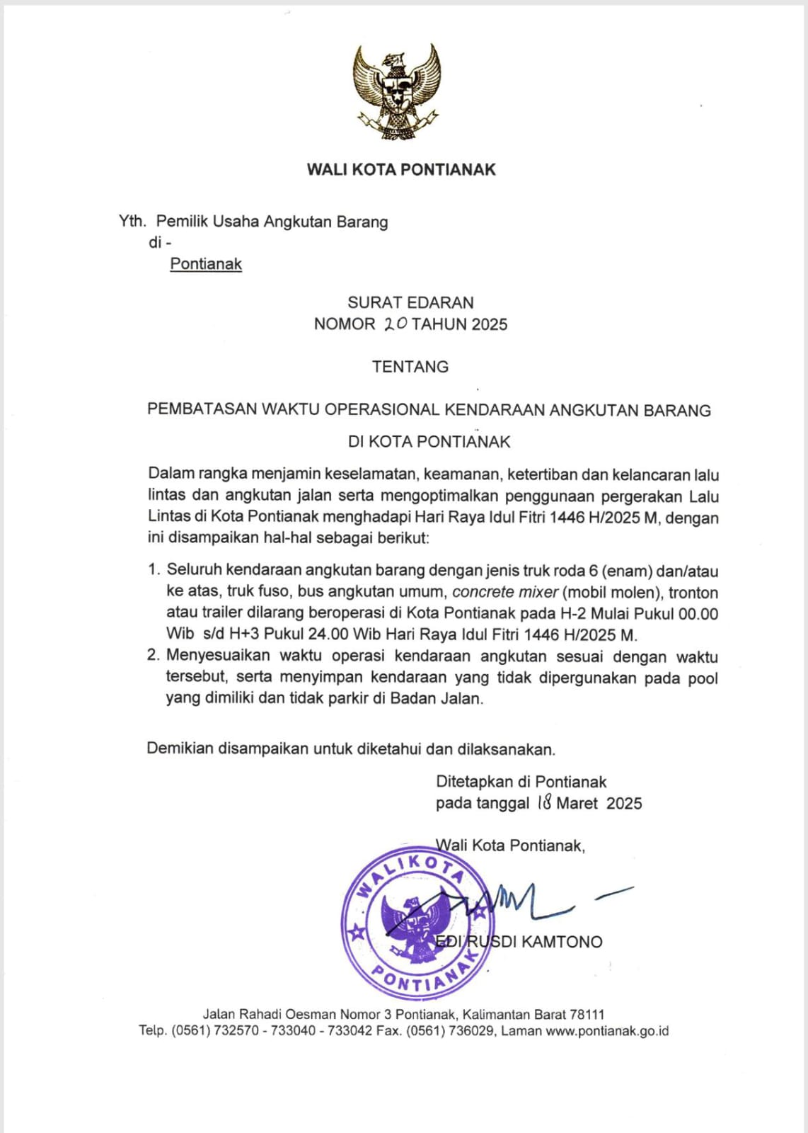 Gambar surat edaran Wali Kota Pontianak Nomor 20 Tahun 2025 tentang pembatasan operasional kendaraan angkutan barang selama Idulfitri 2025, ditandatangani oleh Wali Kota Pontianak, Edi Rusdi Kamtono, pada 18 Maret 2025.