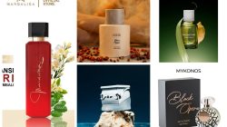 Gambar kolase lima rekomendasi parfum lokal 2025: botol merah Mandalika Parfum Gorgeous Tuberose dengan bunga putih, botol krem Eloi Coco Blanc Pepper dengan latar rempah, botol hijau FONCE Darlingtonia dengan daun, botol perak SAFF & Co. Floral IRAI LEIMA di atas batu, dan botol hitam-putih Mykonos Black Opera dengan kemasan elegan.