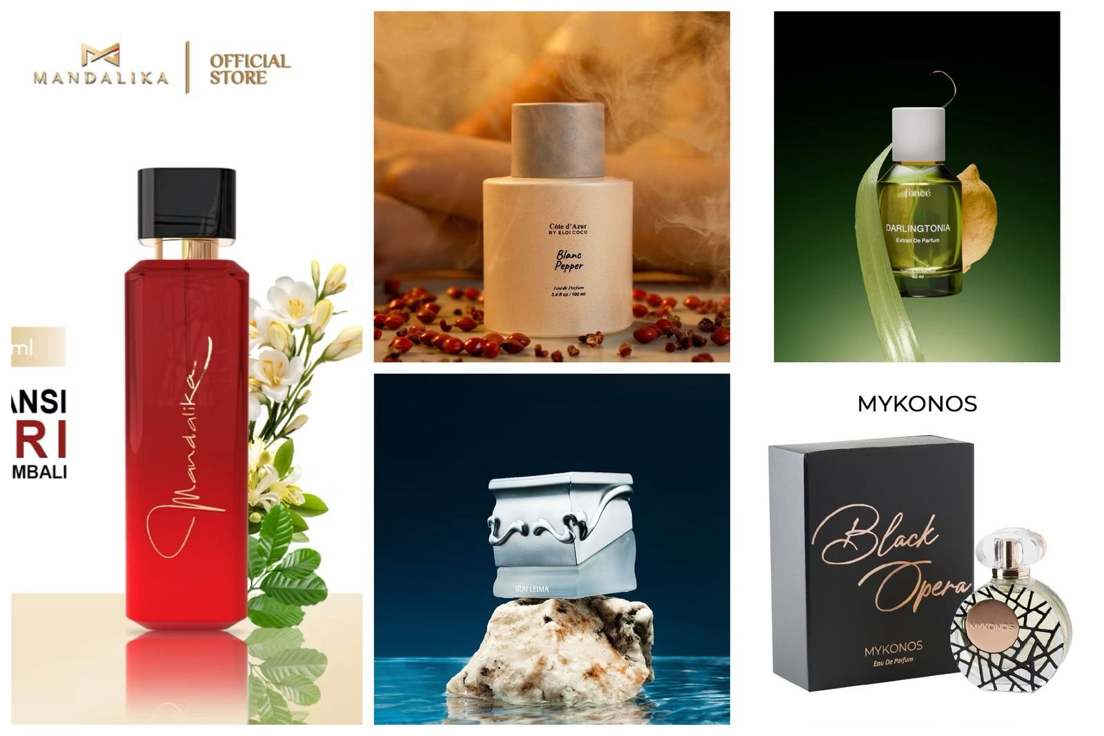 Gambar kolase lima rekomendasi parfum lokal 2025: botol merah Mandalika Parfum Gorgeous Tuberose dengan bunga putih, botol krem Eloi Coco Blanc Pepper dengan latar rempah, botol hijau FONCE Darlingtonia dengan daun, botol perak SAFF & Co. Floral IRAI LEIMA di atas batu, dan botol hitam-putih Mykonos Black Opera dengan kemasan elegan.