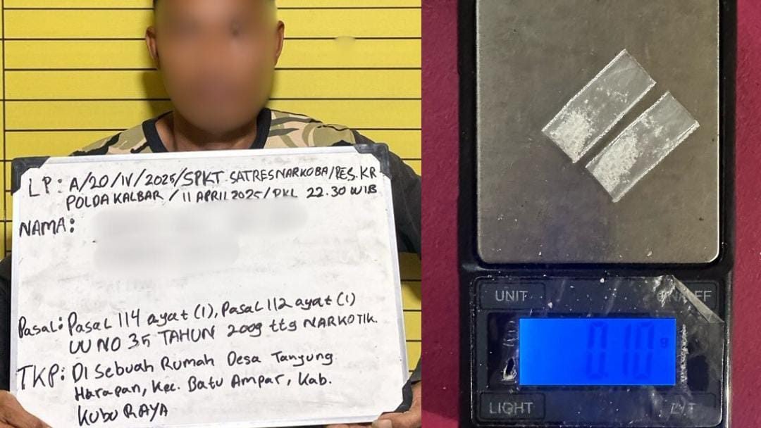 Pengedar sekaligus pengguna narkotika jenis sabu, JI (37) ditangkap di sebuah rumah di Batu Ampar, Sabtu (12/4/2025). Foto: HO/Faktakalbar.id
