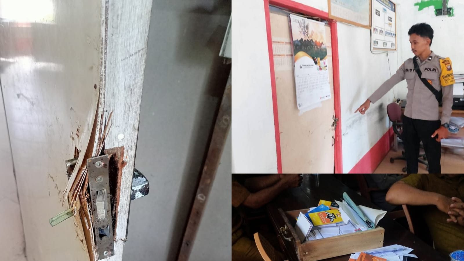 pintu kantor Desa Sarilaba A, Kecamatan Jawai Selatan, Kabupaten Sambas, yang dirusak pada Senin malam, 21 April 2025, yang menyebabkan hilangnya perangkat CCTV dan satu unit laptop. Foto: HO/Faktakalbar.id