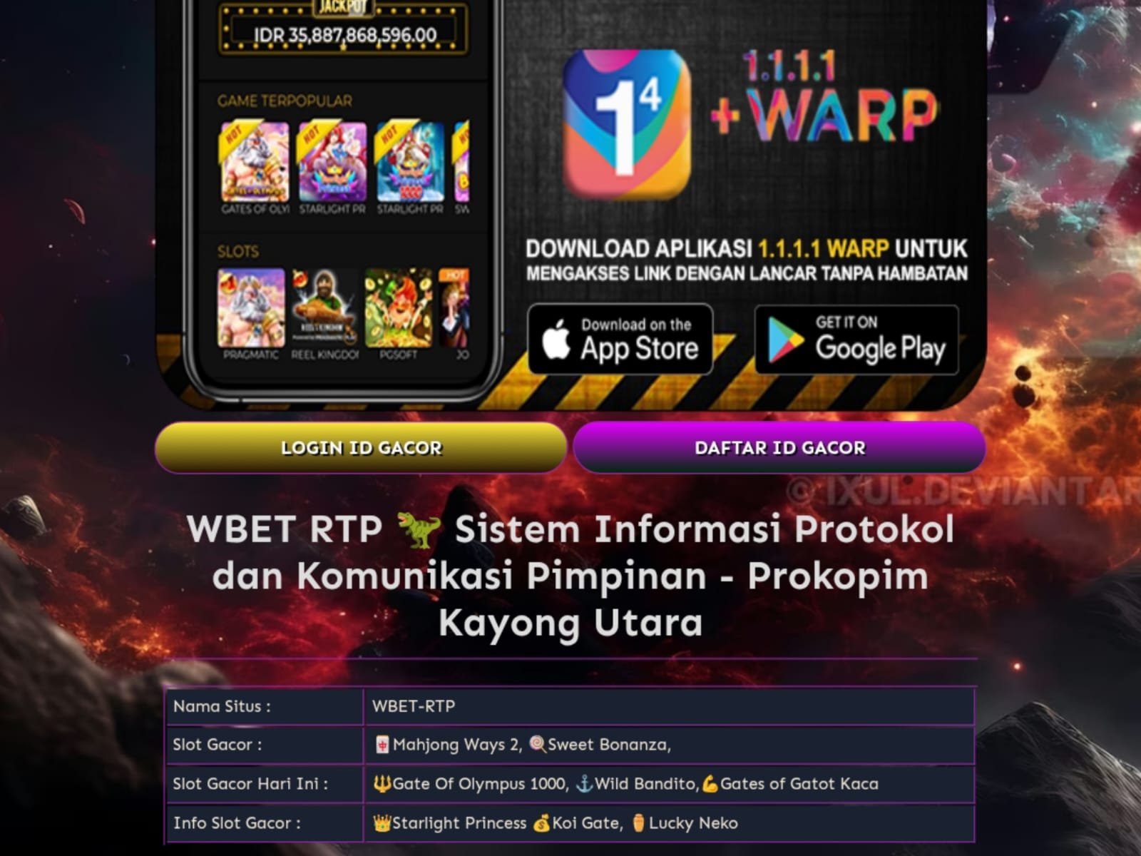 Tampilan situs Prokopim Kayong Utara yang berubah menjadi halaman promosi judi slot, Kamis (24/04/2025).