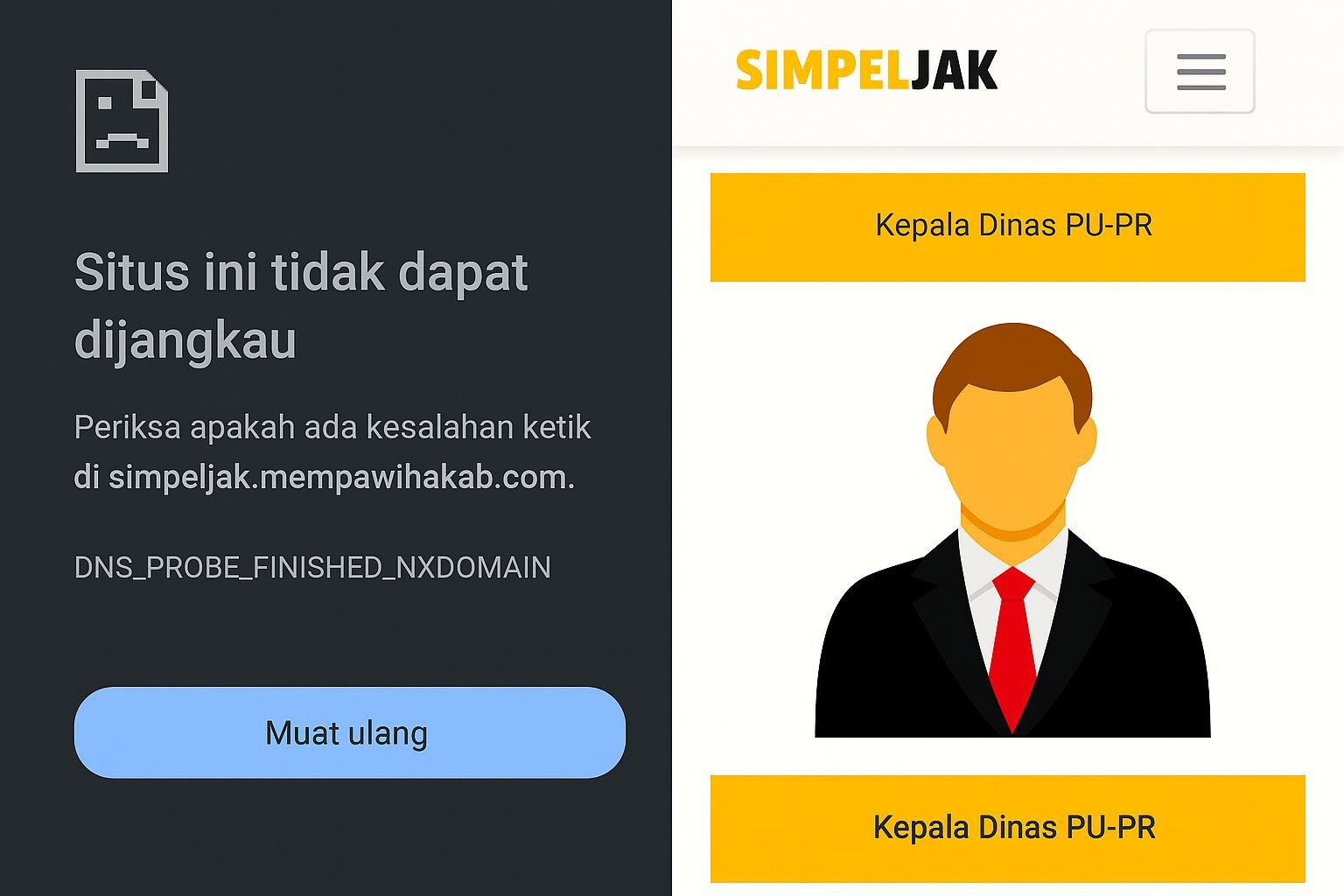 Tampilan website SIMPELJAK Mempawah yang tidak dapat diakses dan halaman struktur jabatan tanpa nama pejabat. Dok. Faktakalbar.id