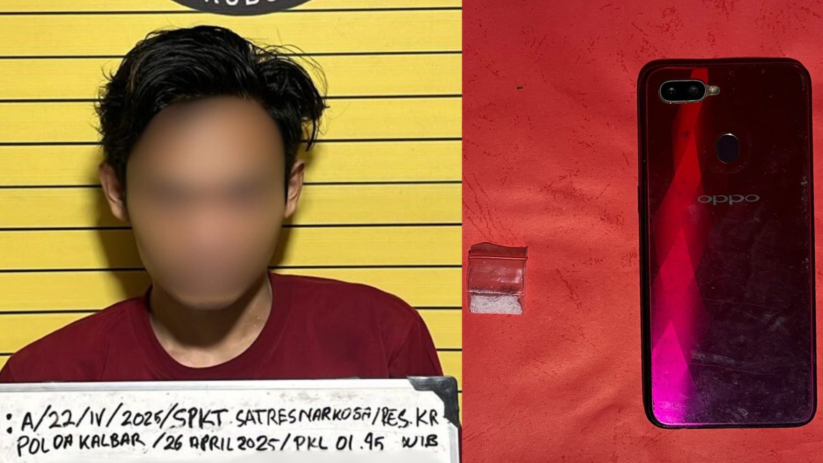 Pelaku berinisial BI (28), warga Pontianak Barat, saat diamankan oleh Satres Narkoba Polres Kubu Raya (kiri), bersama barang bukti berupa satu paket sabu dan telepon genggam yang diduga digunakan untuk transaksi narkoba (kanan). Foto: HO/Faktakalbar.id