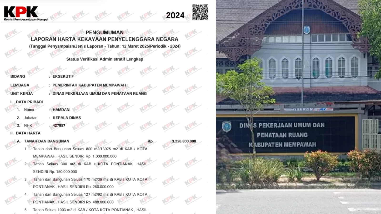 Kolase LHKPN dan Potret Kantor Dinas PUPR Kabupaten Mempawah. Foto: Istimewa.