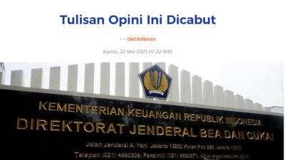 Tangkapan layar laman Detik.com yang menampilkan penghapusan artikel opini berjudul "Jenderal di Jabatan Sipil: Di Mana Merit ASN?" pada Kamis (22/5/2025) Dok. Faktakalbar.id