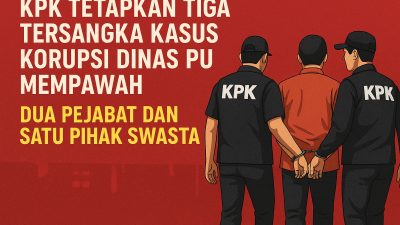 Ilustrasi petugas KPK mengawal tiga tersangka kasus korupsi pengadaan barang di Dinas PU Mempawah. Dua di antaranya merupakan pejabat daerah dan satu pihak swasta. (Ilustrasi: Faktakalbar.id)