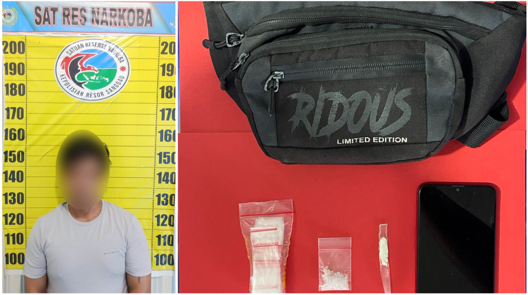 Pelaku berinisial ED (kiri) bersama barang bukti sabu seberat 0,9 gram dan perlengkapan lainnya (kanan) yang diamankan oleh Satresnarkoba Polres Sanggau. Foto: HO/Faktakalbar.id