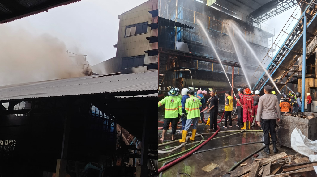 Petugas pemadam kebakaran berjibaku memadamkan api di area wood chip silo PT. Alas Kusuma, Desa Kuala Dua, Kubu Raya, Kamis (22/5) sore. Asap tebal tampak membubung dari lokasi kebakaran yang diduga berasal dari dapur turbin boiler. Foto: HO/Faktakalbar.id