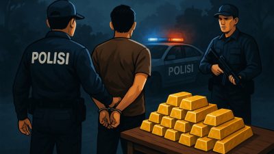 Ilustrasi penangkapan pelaku dalam kasus emas ilegal oleh aparat bersenjata Polresta Pontianak. Puluhan kilogram emas murni disita saat penggerebekan di rumah jaringan SB, Minggu (4/5/2025). (Ilustrasi: Faktakalbar.id)