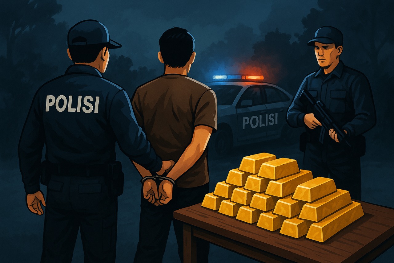 Ilustrasi penangkapan pelaku dalam kasus emas ilegal oleh aparat bersenjata Polresta Pontianak. Puluhan kilogram emas murni disita saat penggerebekan di rumah jaringan SB, Minggu (4/5/2025). (Ilustrasi: Faktakalbar.id)