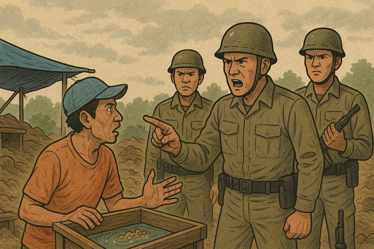 Ilustrasi - penambang emas tradisional menghadapi tekanan dari kelompok berseragam. Ilustrasi - penambang emas tradisional menghadapi tekanan dari kelompok berseragam. Faktakalbar.id