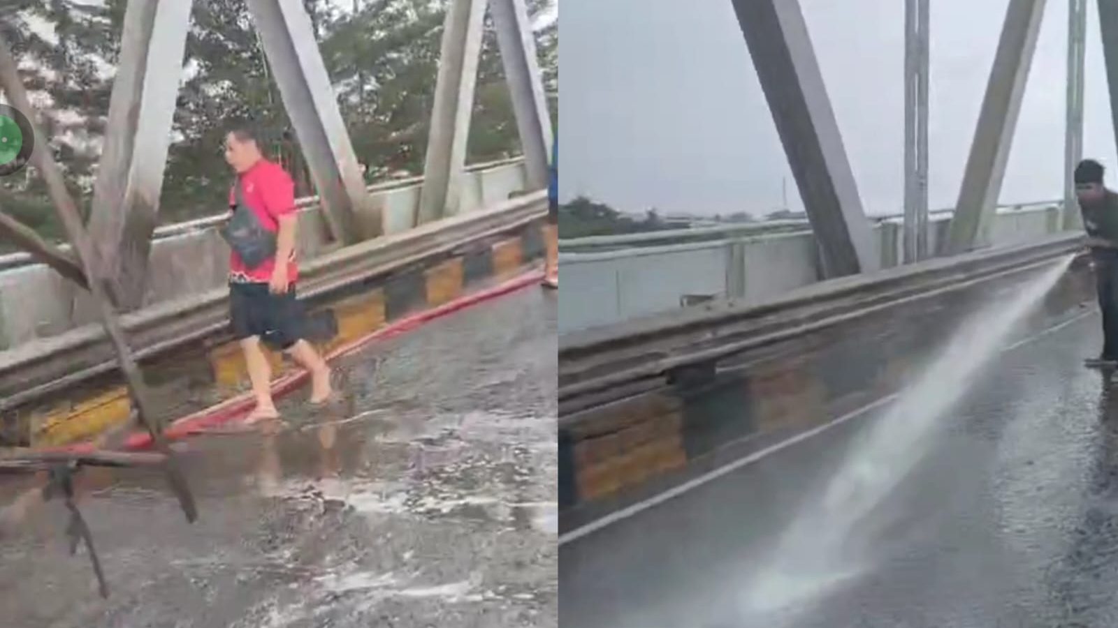 Foto: Kegiatan pembersihan jembatan dari sisa-sisa solar yang tumpah dari sebuah truk oleh Polres Kubu Raya beserta tim pemadam kebakaran. Dok. Ist.