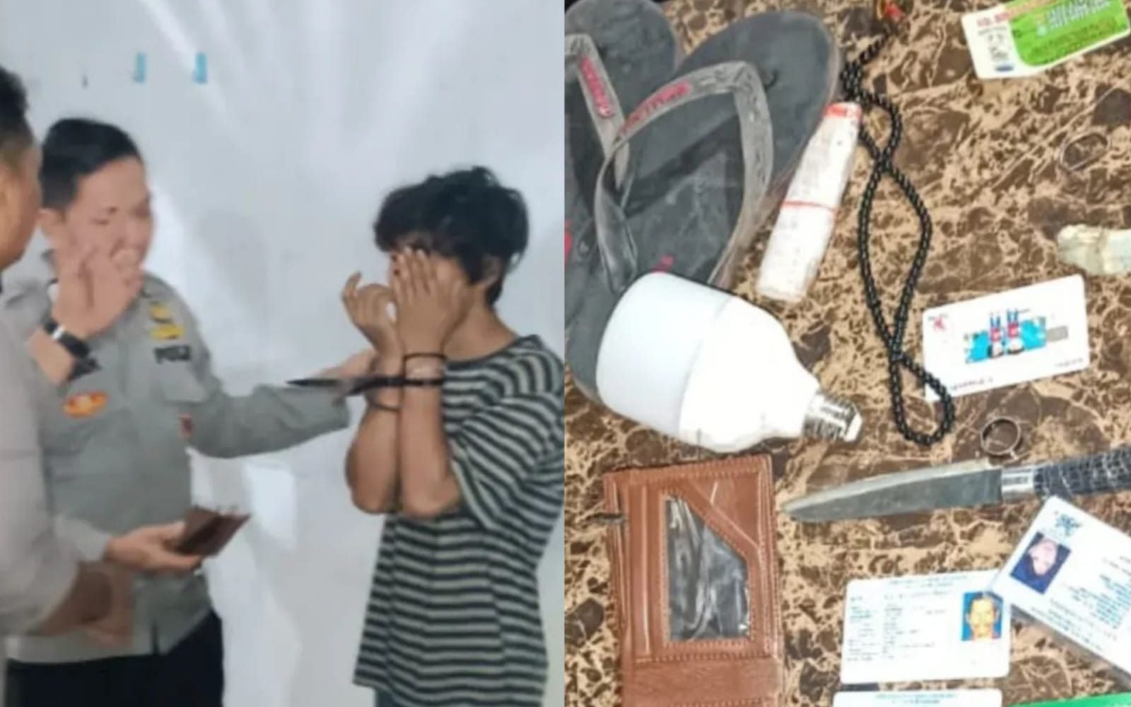 Pelaku pencurian dan barang bukti bola lampu serta senjata tajam diamankan di Mapolsek Pontianak Selatan. Dok. Faktakalbar.id