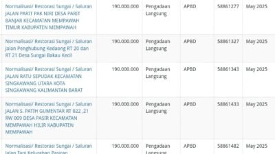 Tangkapan layar daftar proyek normalisasi saluran Dinas PUPR Kalbar tahun anggaran 2025 yang tercantum dalam laman sirup.lkpp.go.id. Seluruh paket bernilai sama, Rp190 juta, dan dilakukan melalui metode pengadaan langsung. (Sumber: sirup.lkpp.go.id)