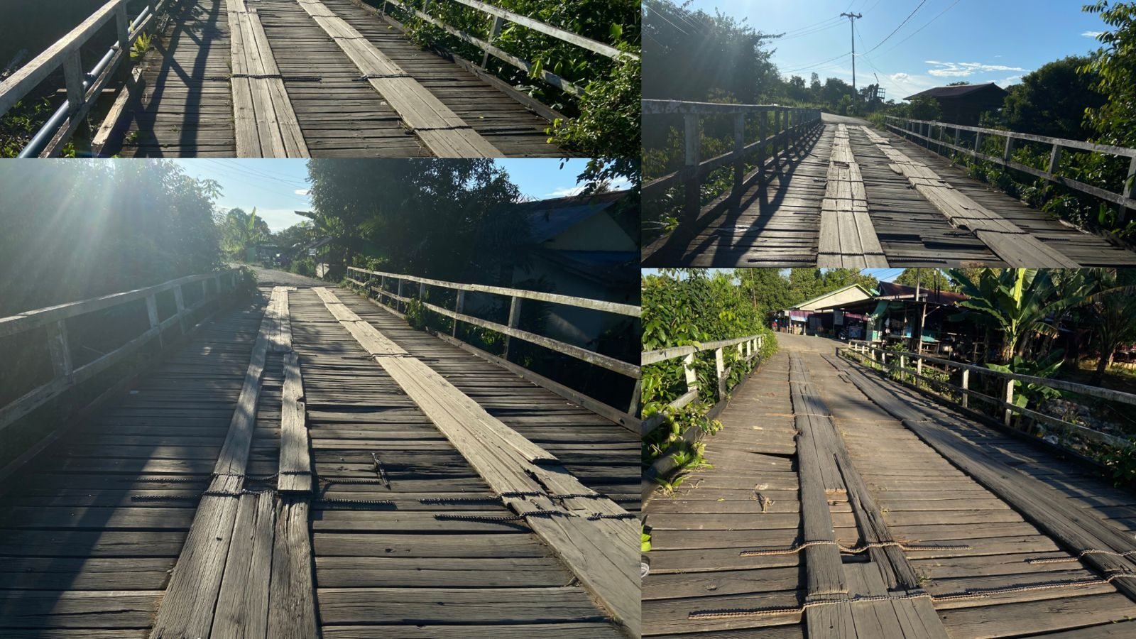 Kondisi jembatan kayu penghubung Jalan Masuka ke Sungai Putih Sintang yang sudah bolong di beberapa titik. Dok. HO/Faktakalbar.id