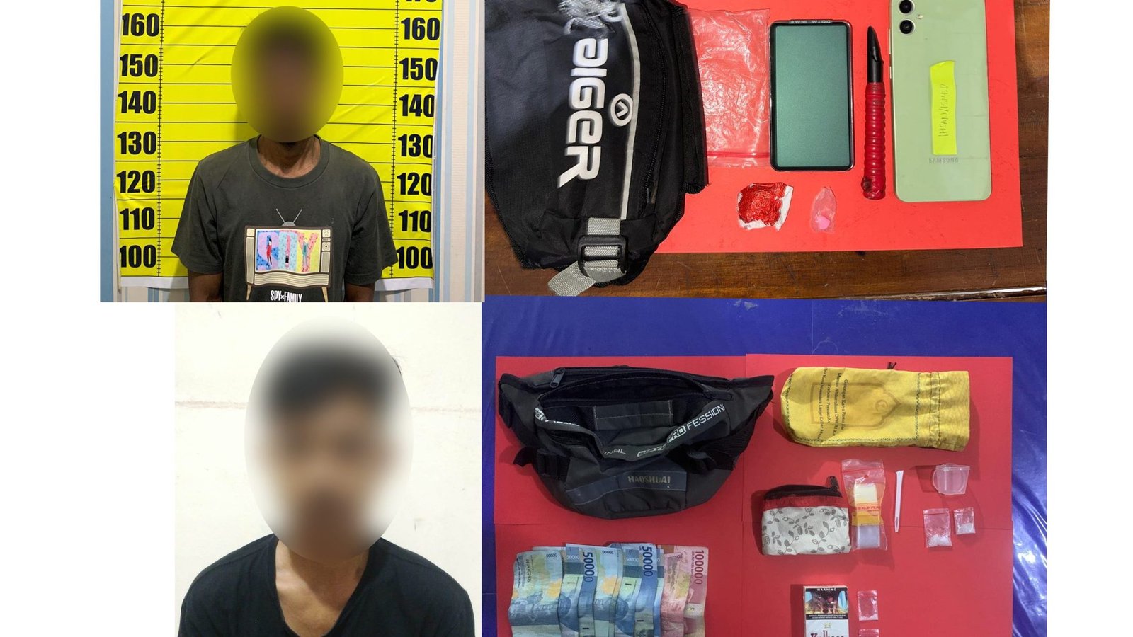 Dua pelaku kasus narkoba yang ditangkap di Kecamatan Sekayam, Kabupaten Sanggau, beserta barang bukti sabu dan ekstasi yang diamankan dari lokasi berbeda oleh jajaran Polres Sanggau dan Polsek Sekayam. Foto: HO/Faktakalbar.id