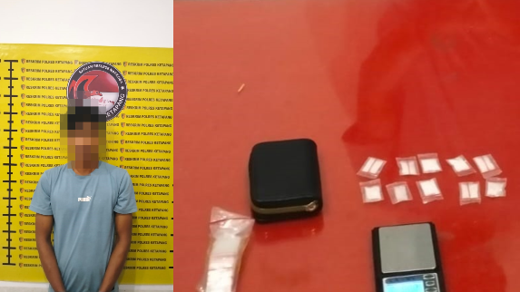 Pelaku F saat diamankan polisi (kiri) beserta barang bukti 10 paket sabu, timbangan elektrik, dan dompet hitam (kanan). Foto: HO/Faktakalbar.id