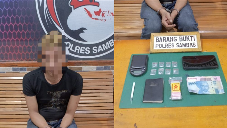 Tersangka CSL (kiri) saat diamankan oleh petugas Satresnarkoba Polres Sambas, dengan barang bukti narkotika jenis sabu dan perlengkapannya yang turut disita (kanan), Rabu (11/6/2025). Foto: HO/Faktakalbar.id
