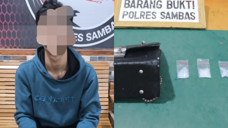 Tersangka DN alias D (22) yang diamankan Satresnarkoba Polres Sambas (kiri). Barang bukti narkotika jenis Shabu seberat 3,57 gram beserta tas selempang hitam milik pelaku (kanan). Dok, Istimewa