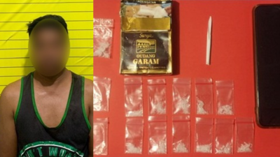 Tersangka HD (kiri) saat diamankan petugas, bersama barang bukti berupa paket sabu, kotak rokok, alat isap, dan ponsel (kanan) hasil penggerebekan di warung sunyi Dusun Melaban, Sanggau. Foto: HO/Faktakalbar.id