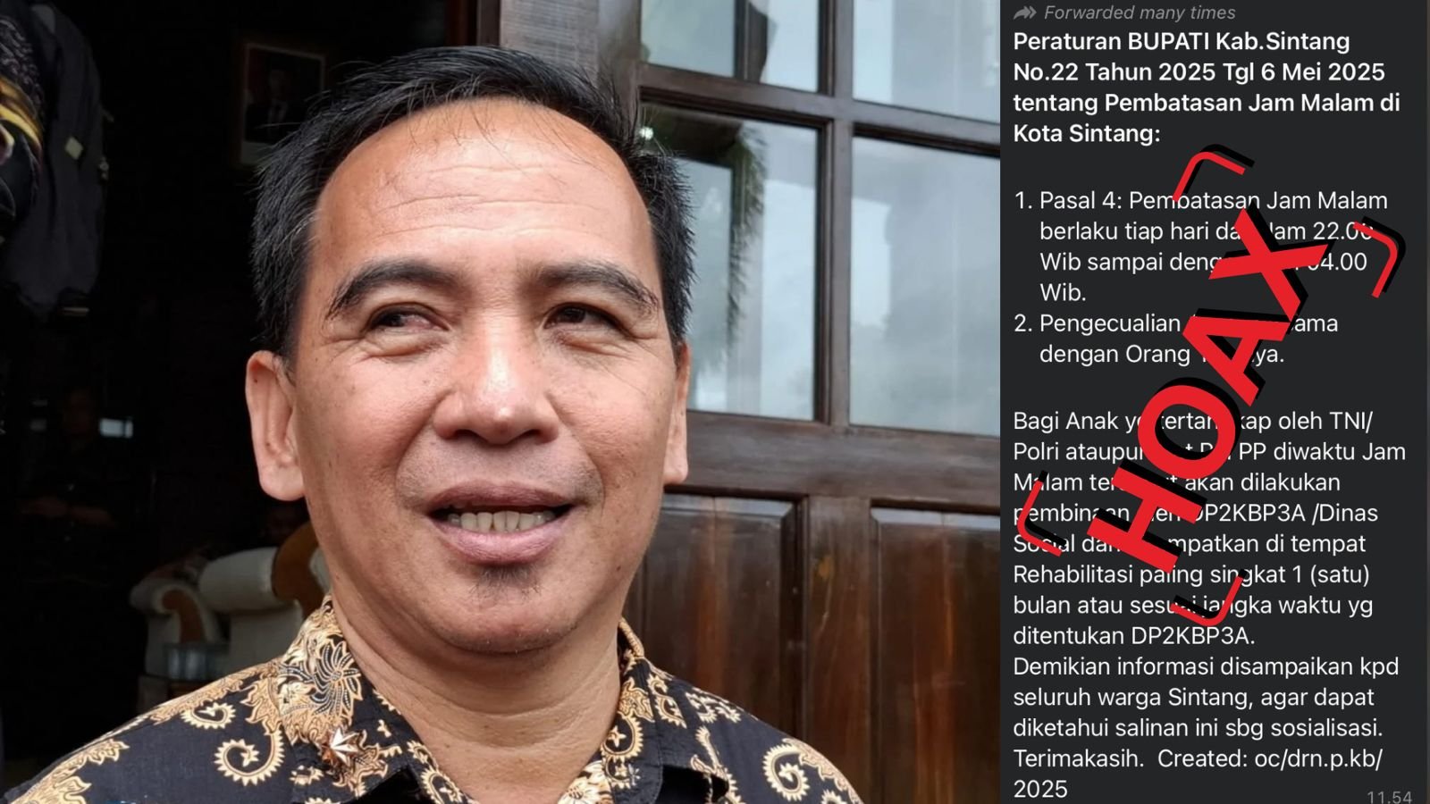 Hoaks! Klarifikasi Pemkab terkait pesan whatsapp tentang pembatasan jam malam di Sintang. Dok. Ho/Faktakalbar.id