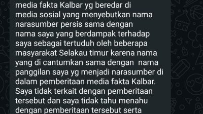 Pesan dari Bapak Amiruddin yang namanya kebetulan sama dengan nama samaran narasumber berita PETI Kolam Biru. Faktakalbar.id menegaskan, "Amir" di berita kami adalah nama samaran untuk melindungi identitas sumber. Bapak Amiruddin tidak ada kaitannya dengan berita tersebut. (Dok. Faktakalbar.id)