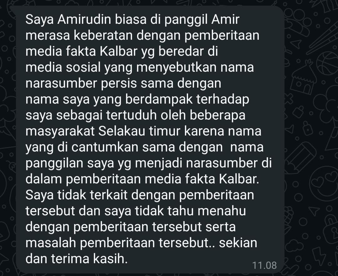 Pesan dari Bapak Amiruddin yang namanya kebetulan sama dengan nama samaran narasumber berita PETI Kolam Biru. Faktakalbar.id menegaskan, "Amir" di berita kami adalah nama samaran untuk melindungi identitas sumber. Bapak Amiruddin tidak ada kaitannya dengan berita tersebut. (Dok. Faktakalbar.id)