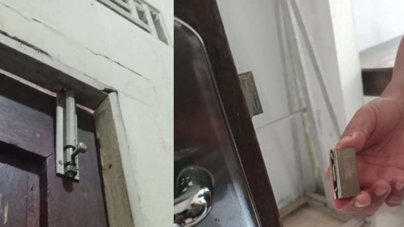 Kerusakan pada pintu Gereja Stasi Santa Klara di Kubu Raya, menunjukkan besi pengunci bagian dalam yang terlepas akibat aksi pembobolan. (Dok. Istimewa)