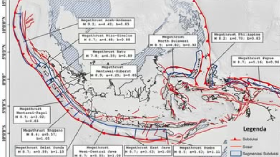 Peta potensi gempa megathrust di Indonesia berdasarkan sebaran segmen aktif yang dirilis BMKG melalui Instagram. (Dok. Instagram/@infobmkg)